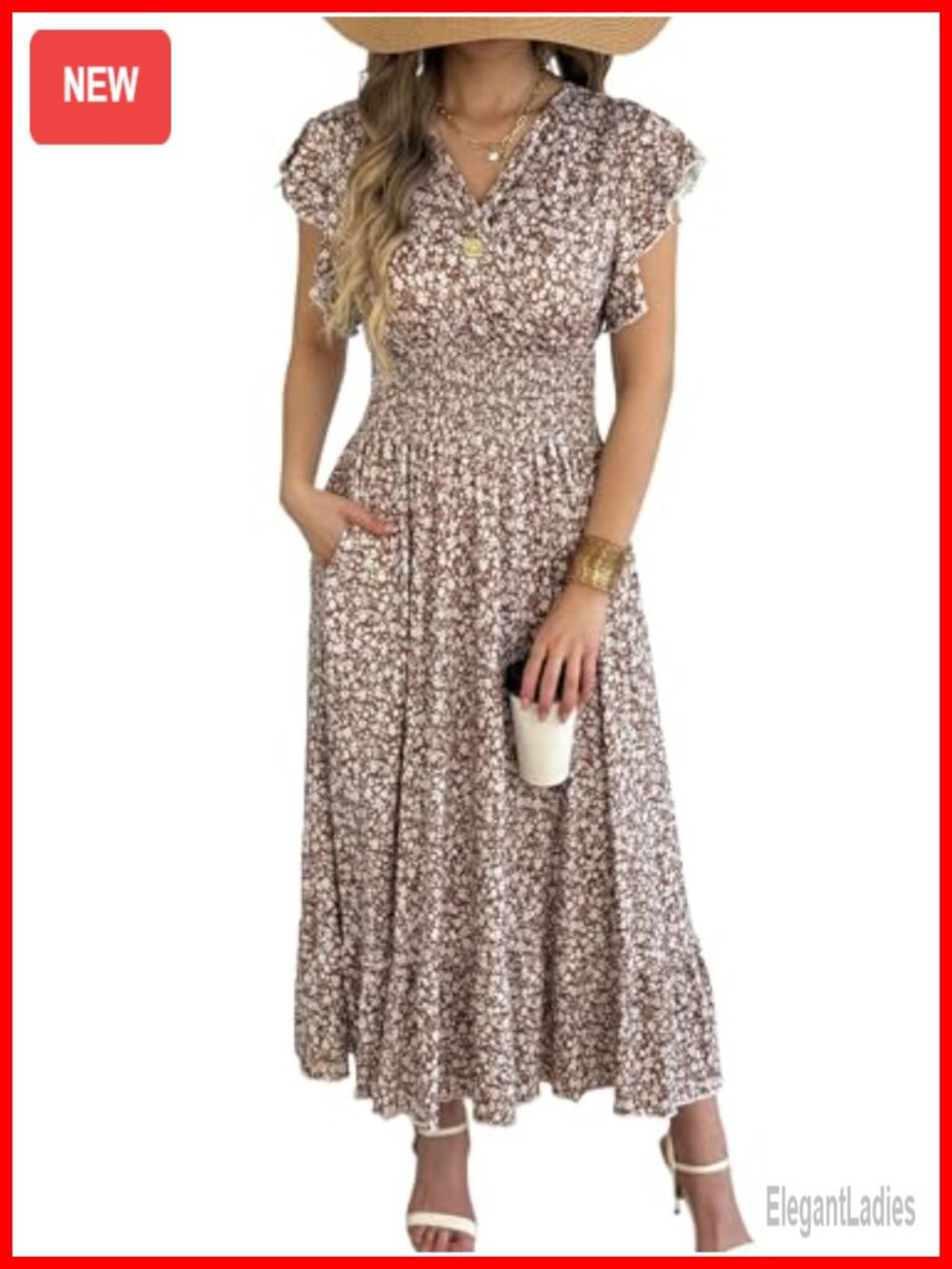 Women's Flowy Maxi Dress V-Neck Empire Waist Flutter Sleeve Summer